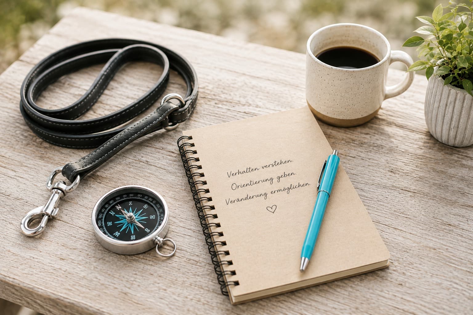 Leine, Kompass, Notizbuch und eine Tasse auf einem Holztisch