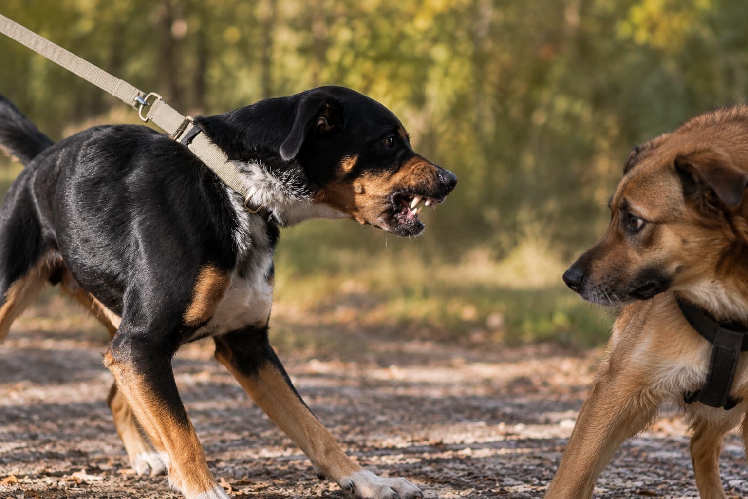 Zwei Hunde begegnen sich im Wald, einer zeigt an der Leine seine Zähne