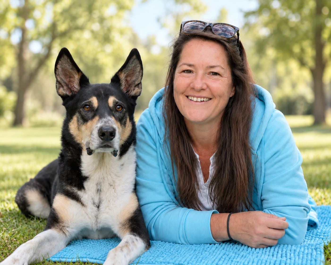 Sonja liegt lächelnd neben ihrem Hund auf einer Decke im Grünen